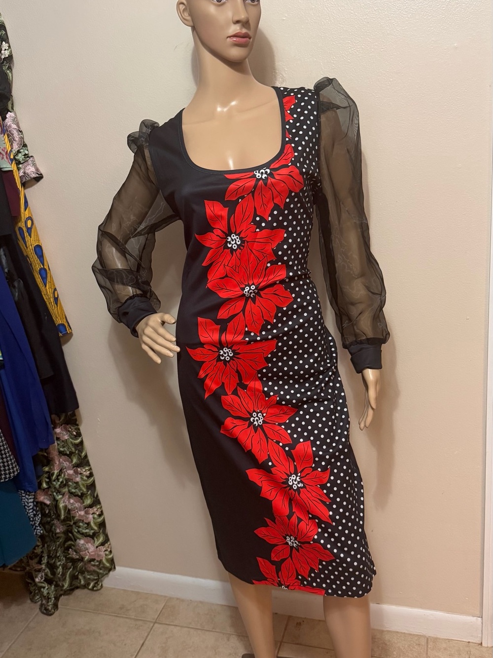 Sheath Dress with Red Poinsettias Floral & Polka Dot Panel See Through Sleeves